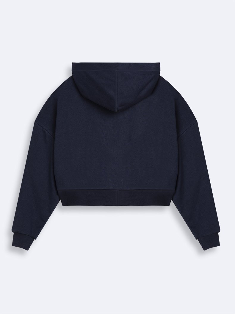 Print With Hood Zipper Closing Boxy Fit Navy Sweatshirt