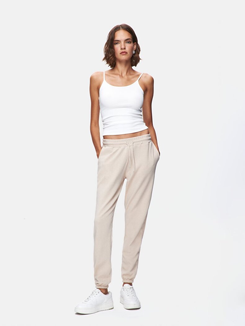 Düz Jogger Regular Fit Bej Eşofman