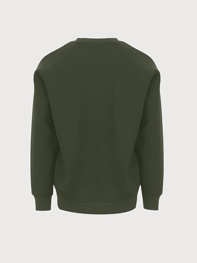 Sloganlı Sıfır Yaka Uzun Kollu Relaxed Fit Yeşil Sweatshırt