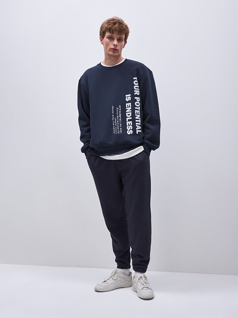 Sloganlı Sıfır Yaka Uzun Kollu Relaxed Fit Lacivert Sweatshırt