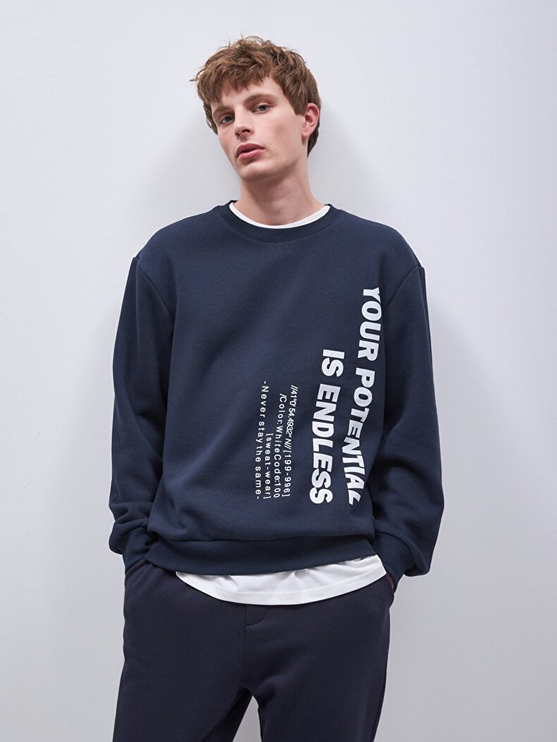 Sloganlı Sıfır Yaka Uzun Kollu Relaxed Fit Lacivert Sweatshırt