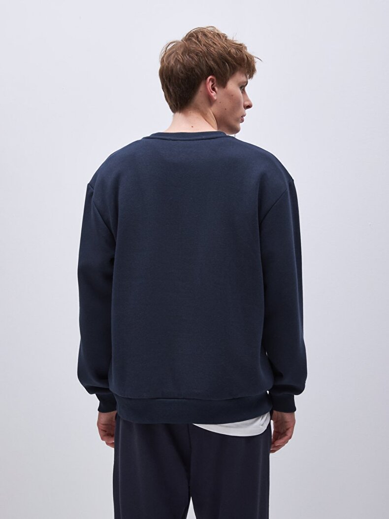 Sloganlı Sıfır Yaka Uzun Kollu Relaxed Fit Lacivert Sweatshırt