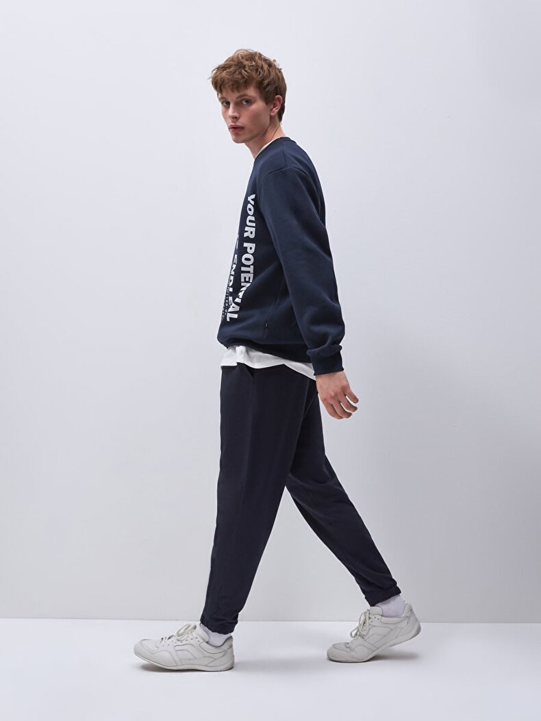 Sloganlı Sıfır Yaka Uzun Kollu Relaxed Fit Lacivert Sweatshırt