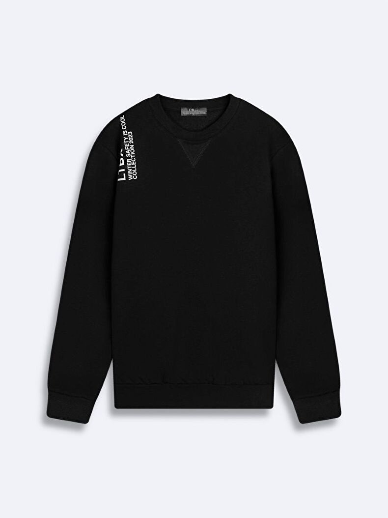 Print Crew Neck Long Sleeve Regular Fit Black Sweatshirt