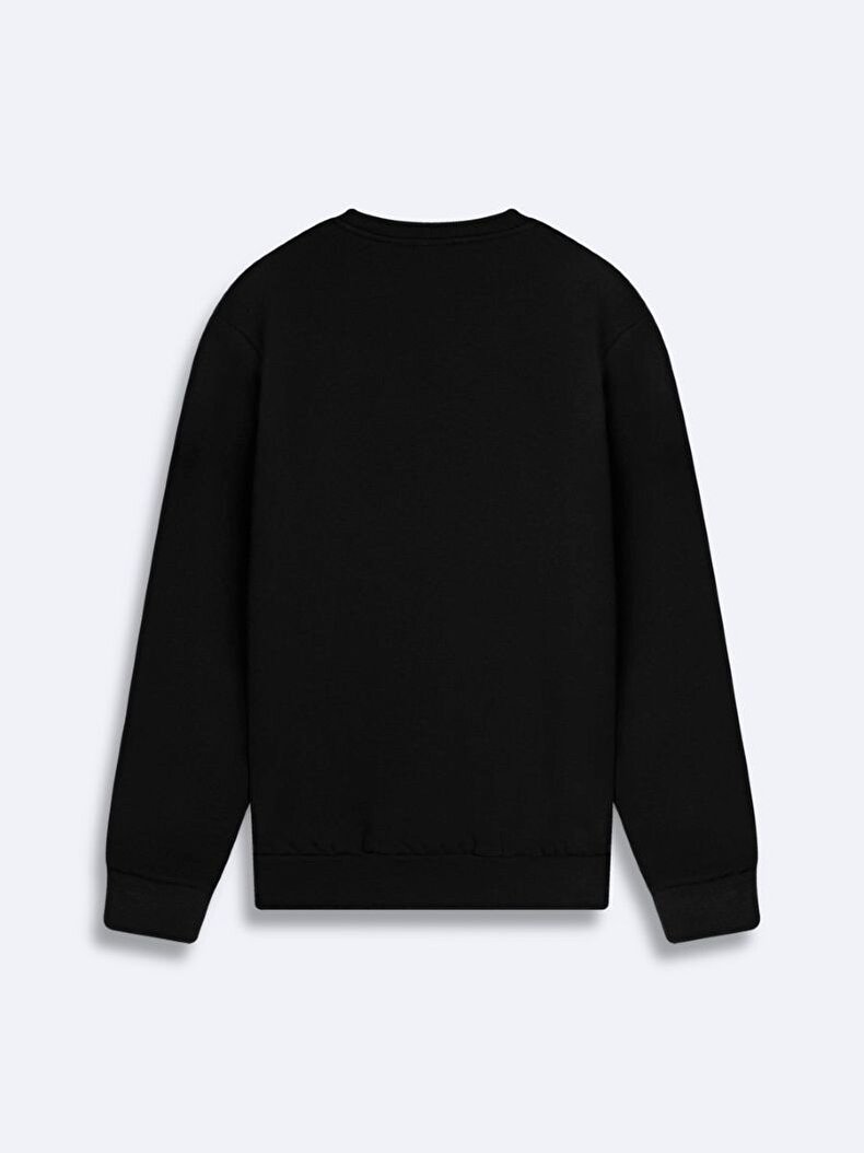 Print Crew Neck Long Sleeve Regular Fit Black Sweatshirt