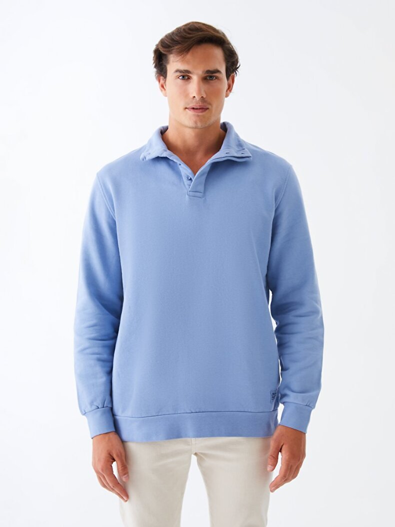 Düz Dik Yaka Uzun Kollu Regular Fit Mavi Sweatshırt