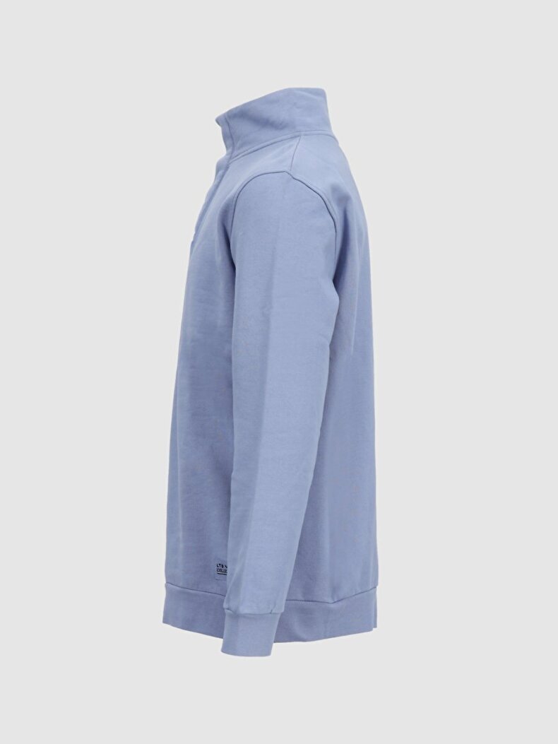Düz Dik Yaka Uzun Kollu Regular Fit Mavi Sweatshırt