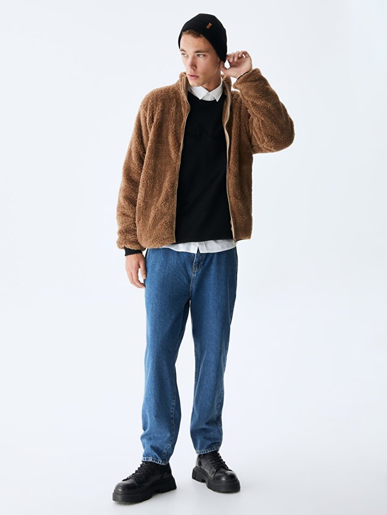 Straight Straight Collar Zipper Closing Regular Fit Camel Cardigan