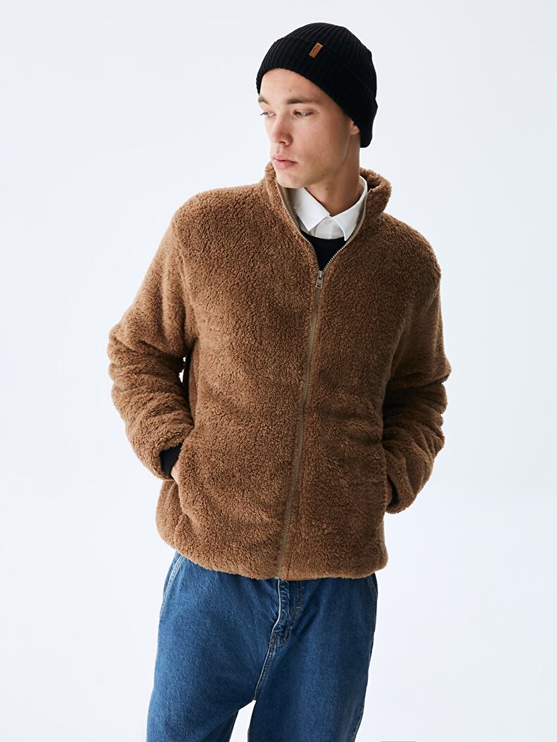 Straight Straight Collar Zipper Closing Regular Fit Camel Cardigan