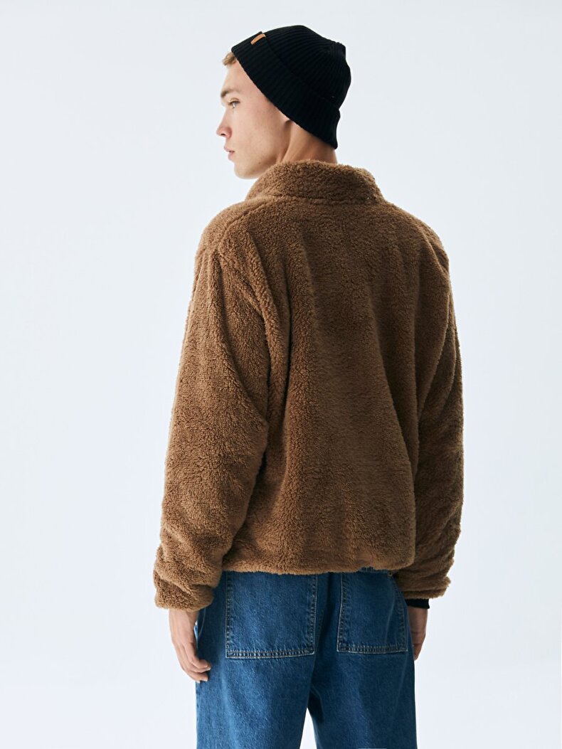Straight Straight Collar Zipper Closing Regular Fit Camel Cardigan