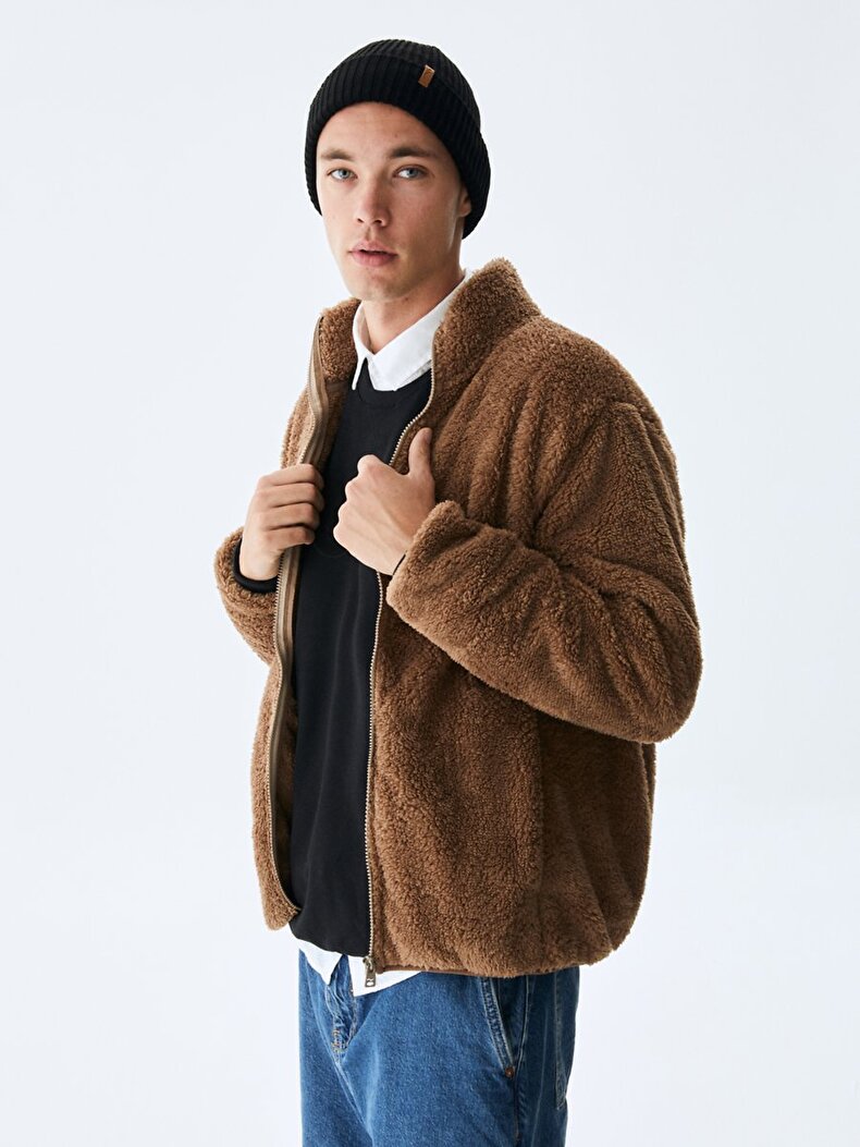 Straight Straight Collar Zipper Closing Regular Fit Camel Cardigan