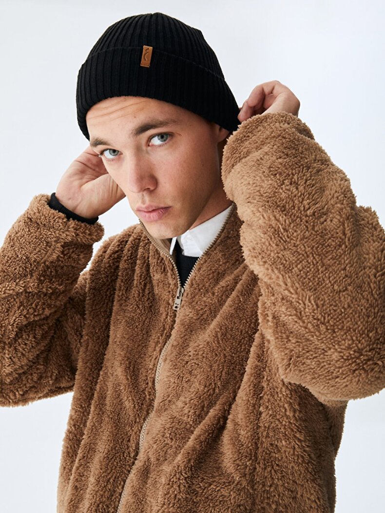 Straight Straight Collar Zipper Closing Regular Fit Camel Cardigan