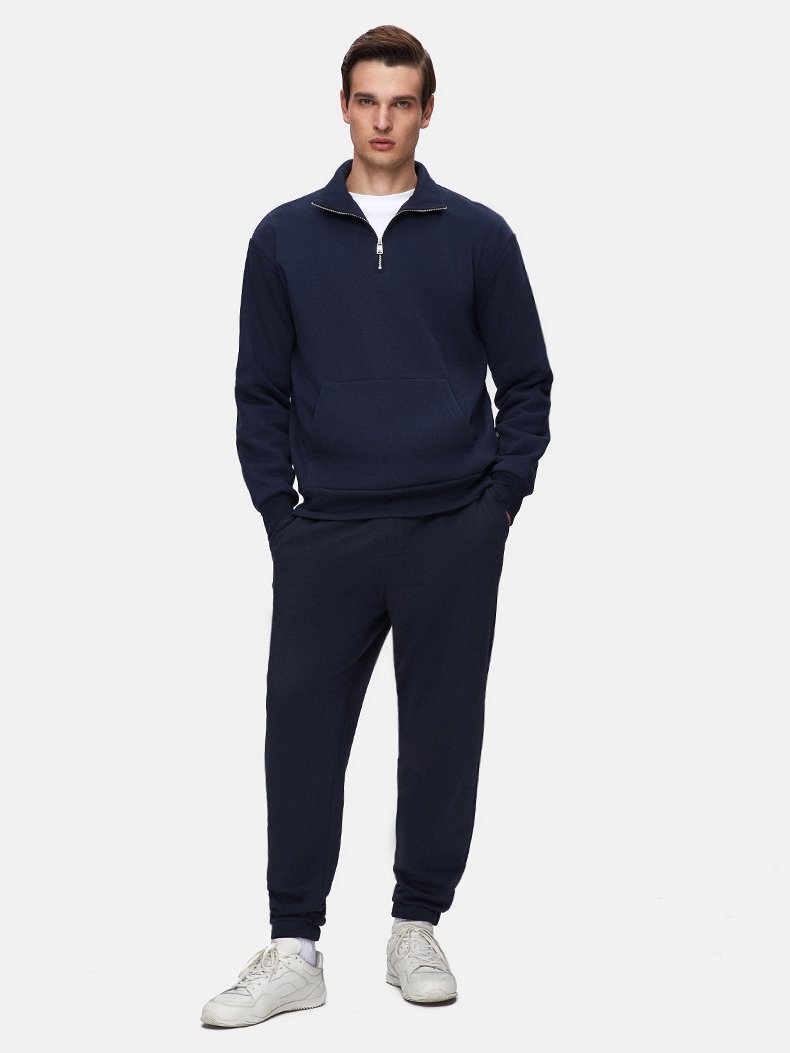 Düz Dik Yaka Yarım Fermuarlı Regular Fit Lacivert Sweatshırt