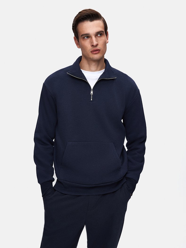 Düz Dik Yaka Yarım Fermuarlı Regular Fit Lacivert Sweatshırt