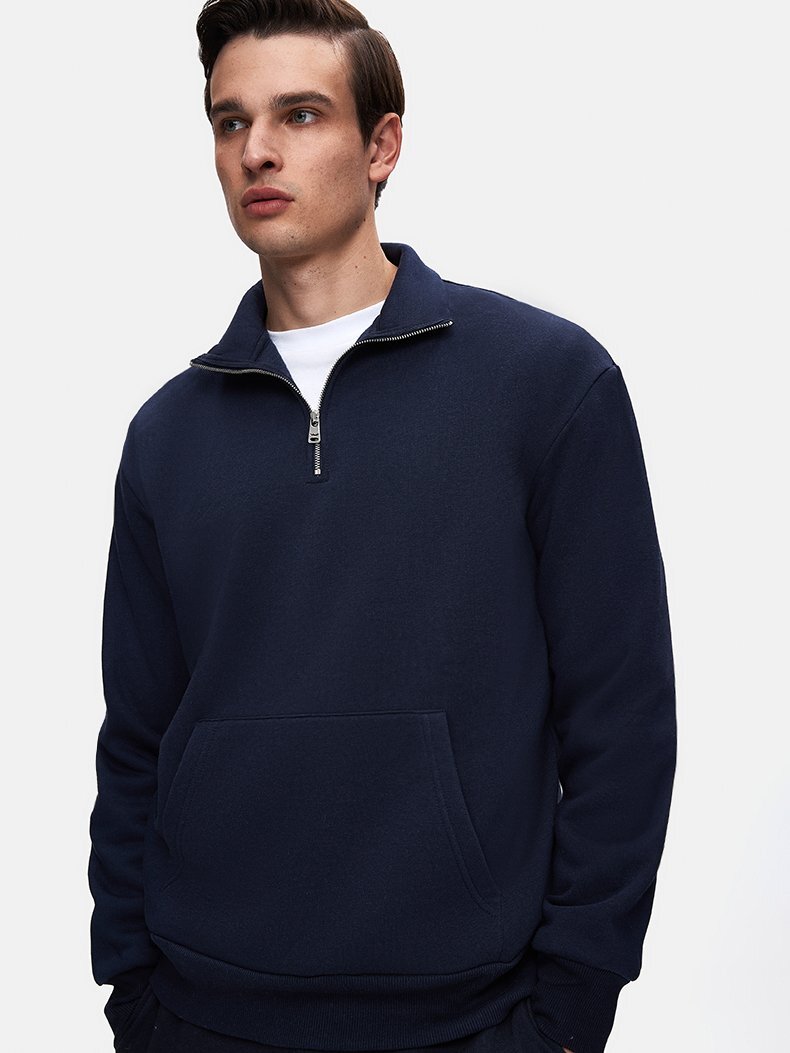 Düz Dik Yaka Yarım Fermuarlı Regular Fit Lacivert Sweatshırt