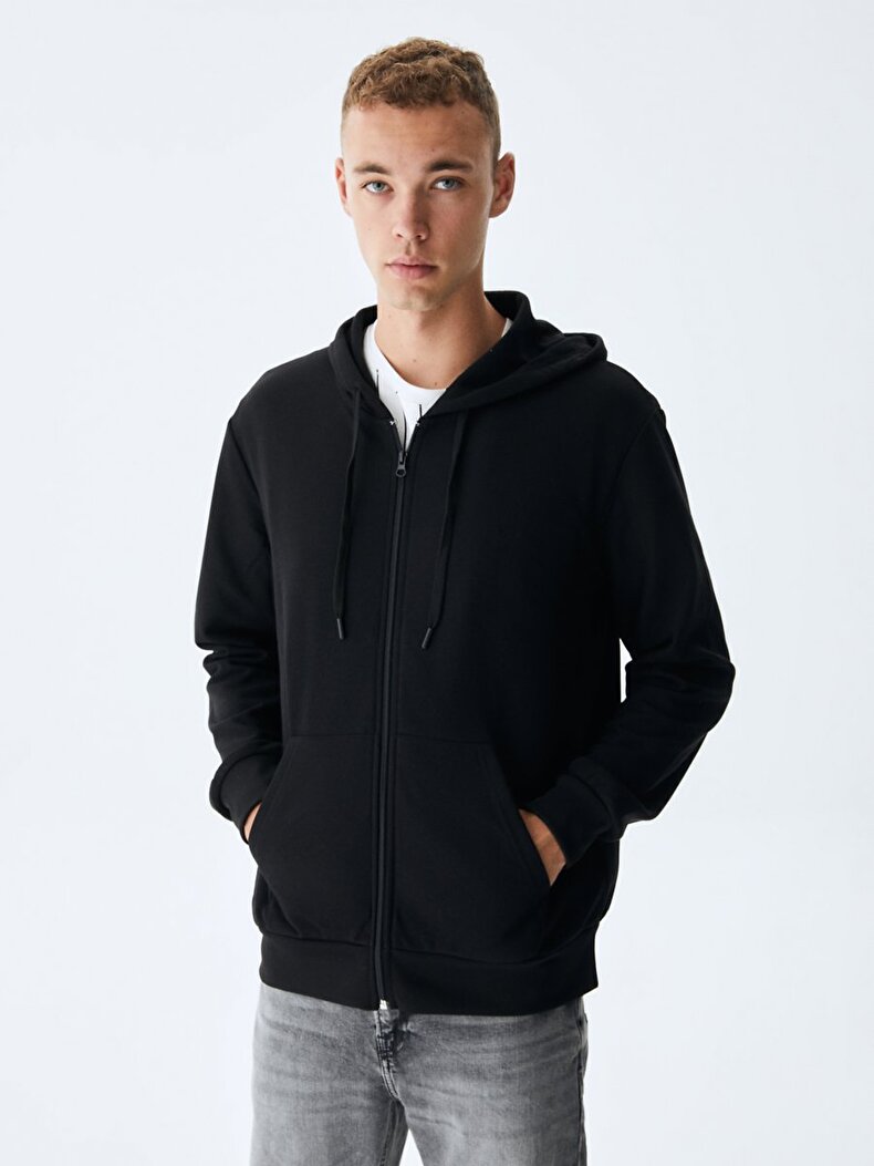 Düz Kapüşonlu Fermuarlı Regular Fit Siyah Sweatshırt