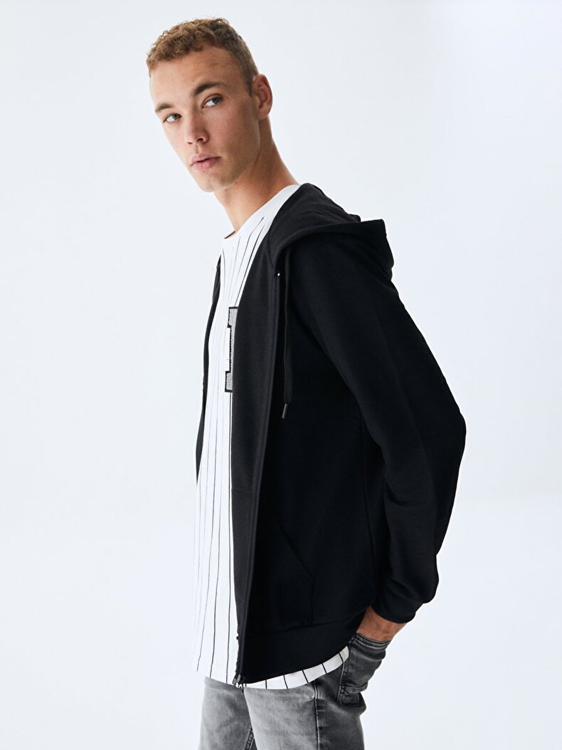 Düz Kapüşonlu Fermuarlı Regular Fit Siyah Sweatshırt