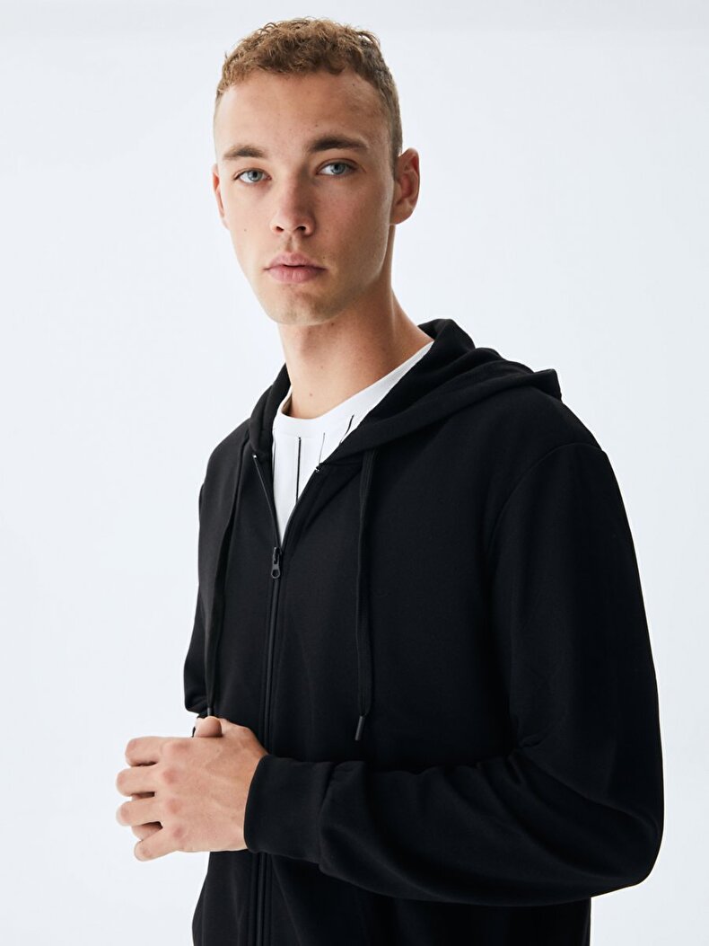 Düz Kapüşonlu Fermuarlı Regular Fit Siyah Sweatshırt