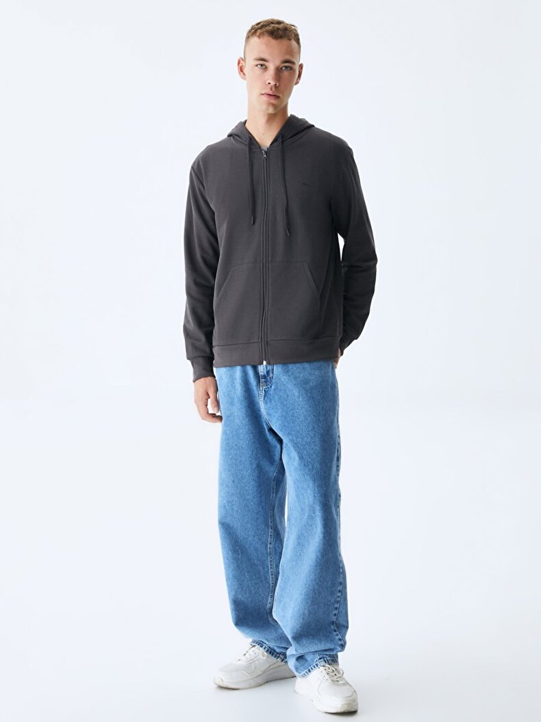 Düz Kapüşonlu Fermuarlı Regular Fit Antrasit Sweatshırt