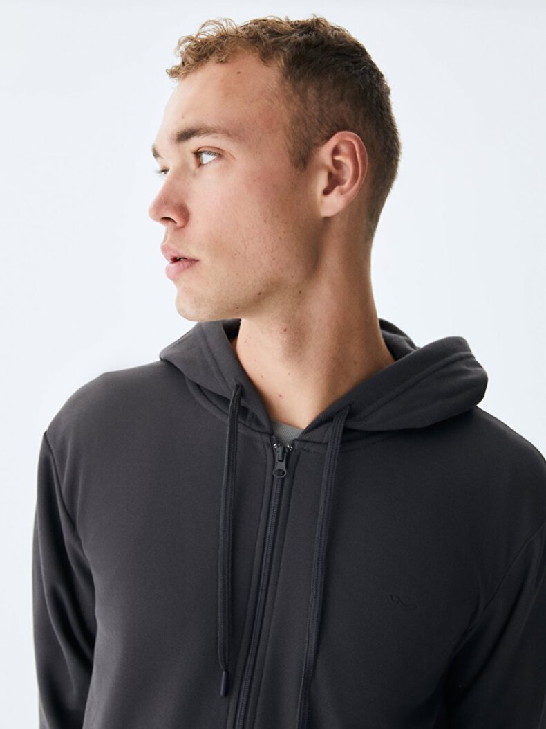 Düz Kapüşonlu Fermuarlı Regular Fit Antrasit Sweatshırt