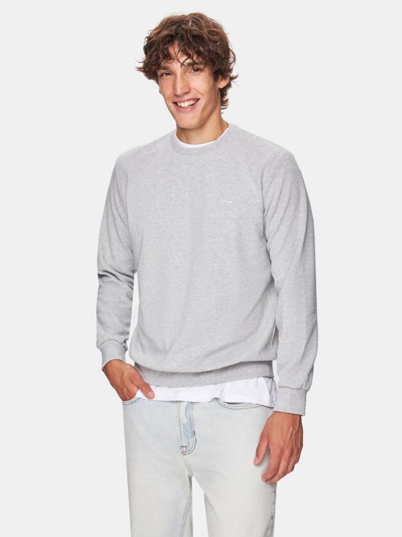 Düz Sıfır Yaka Uzun Kollu Regular Fit Gri Sweatshırt