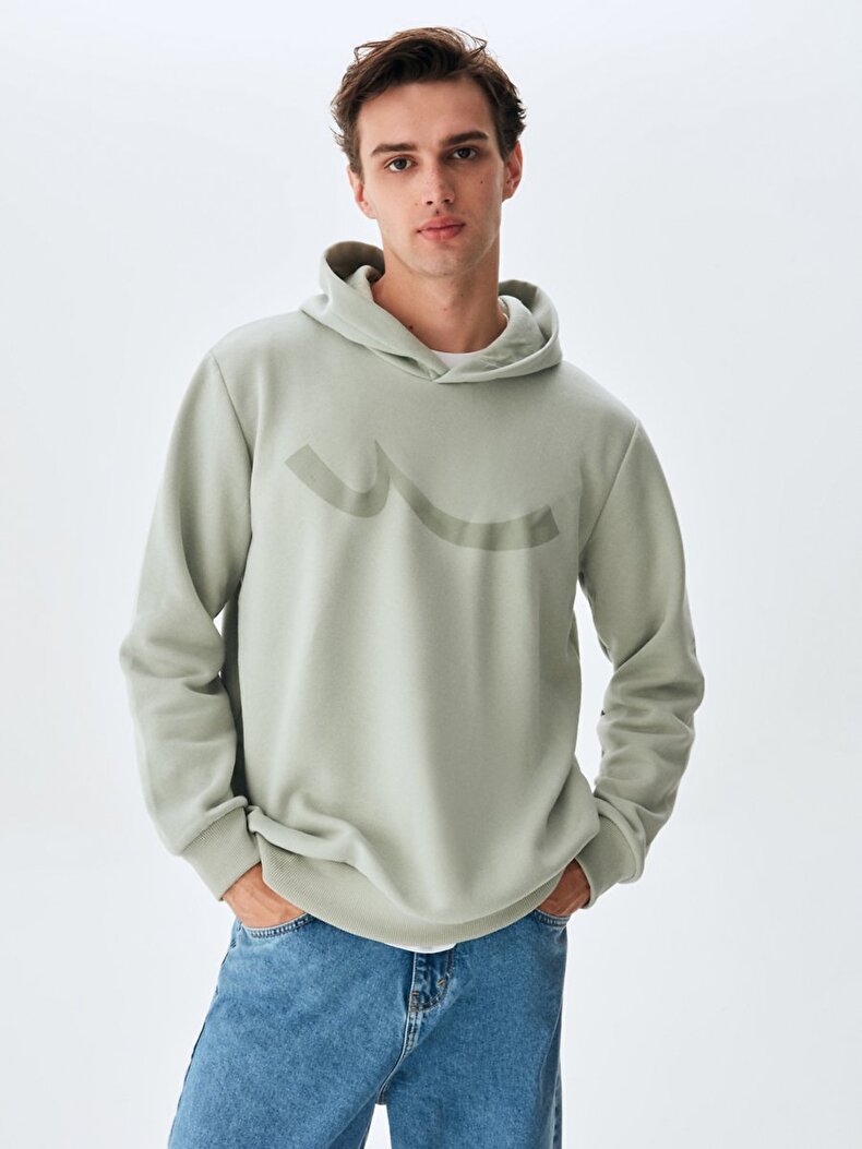 Sıgnlı Kapüşonlu Fermuarsız Regular Fit Yeşil Sweatshırt