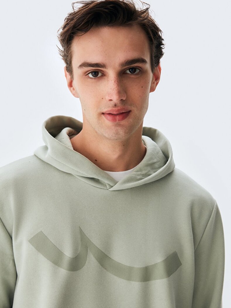 Sıgnlı Kapüşonlu Fermuarsız Regular Fit Yeşil Sweatshırt