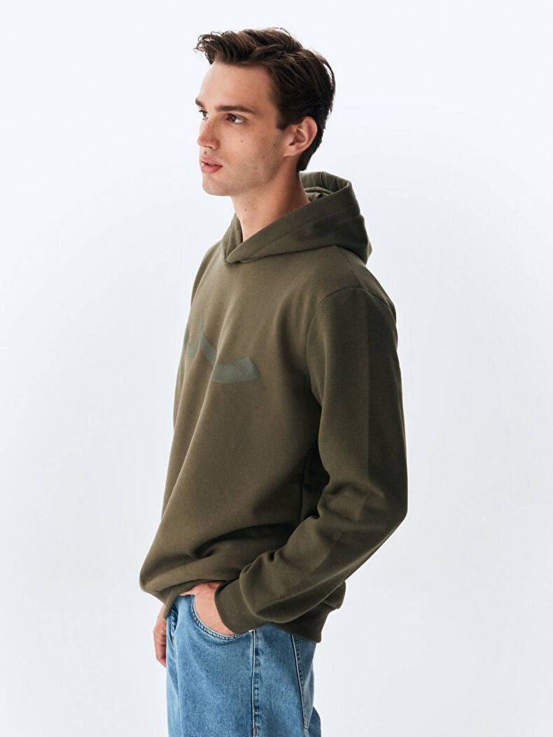 Sıgnlı Kapüşonlu Fermuarsız Regular Fit Yeşil Sweatshırt