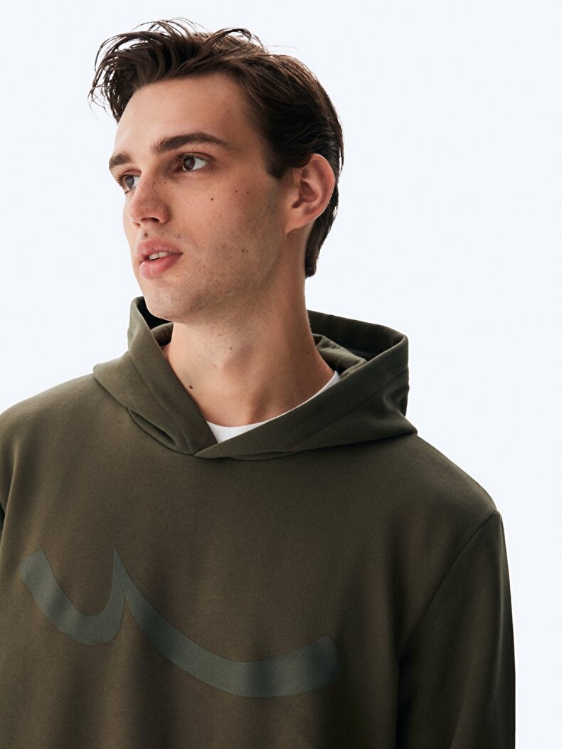Sıgnlı Kapüşonlu Fermuarsız Regular Fit Yeşil Sweatshırt