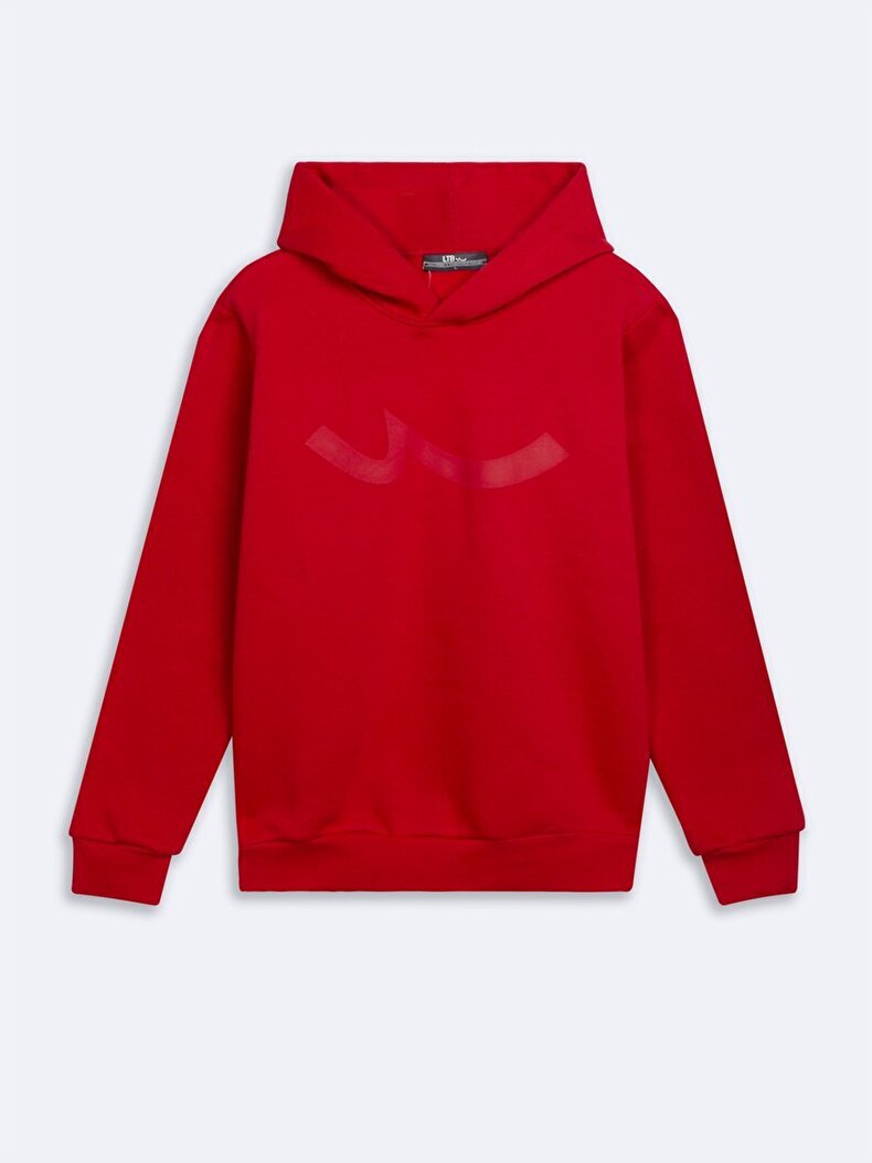 Sıgnlı Kapüşonlu Fermuarsız Regular Fit Kırmızı Sweatshırt