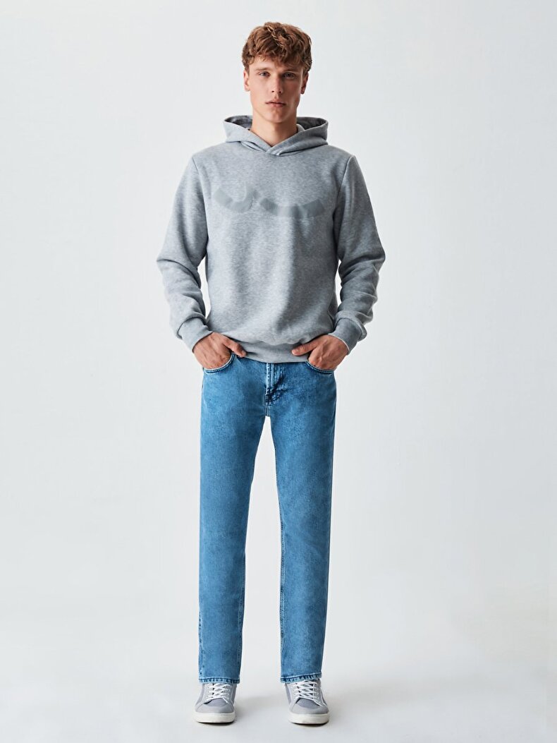Sıgnlı Kapüşonlu Fermuarsız Regular Fit Gri Sweatshırt
