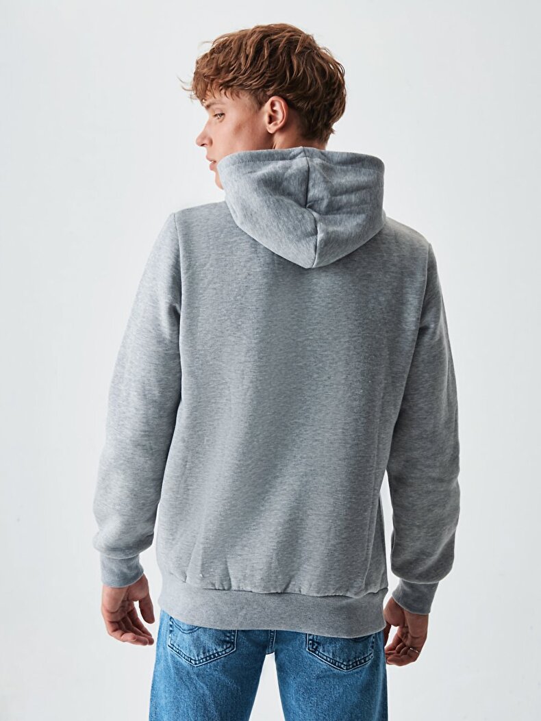 Sıgnlı Kapüşonlu Fermuarsız Regular Fit Gri Sweatshırt