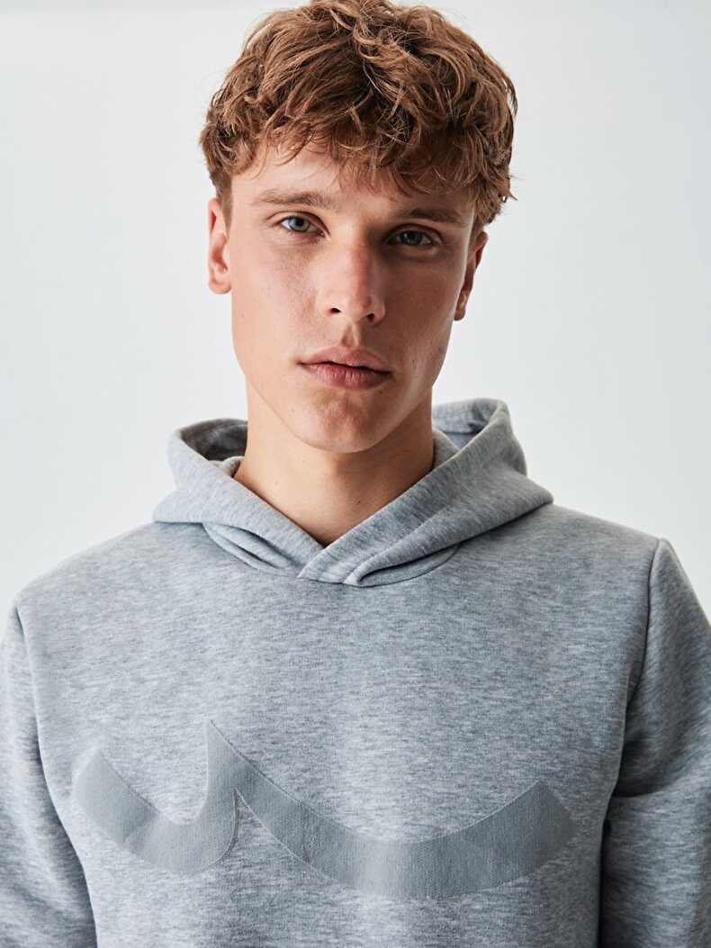 Sıgnlı Kapüşonlu Fermuarsız Regular Fit Gri Sweatshırt