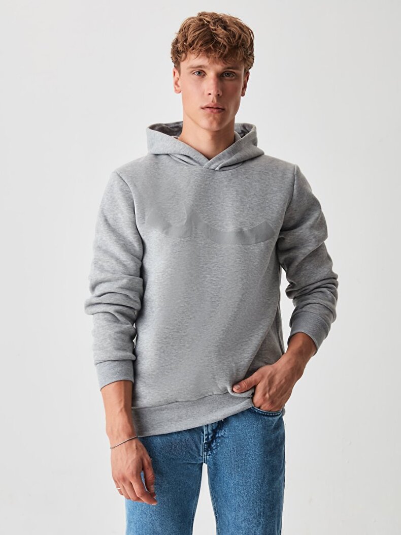 Sıgnlı Kapüşonlu Fermuarsız Regular Fit Gri Sweatshırt