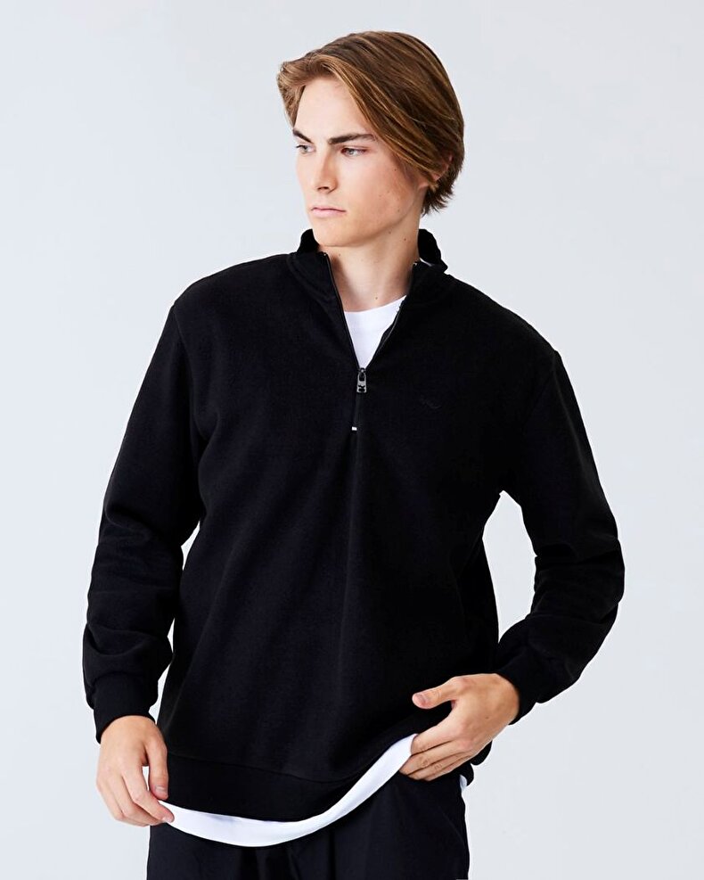 Düz Dik Yaka Yarım Fermuarlı Regular Fit Siyah Sweatshırt