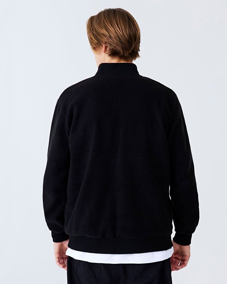 Düz Dik Yaka Yarım Fermuarlı Regular Fit Siyah Sweatshırt