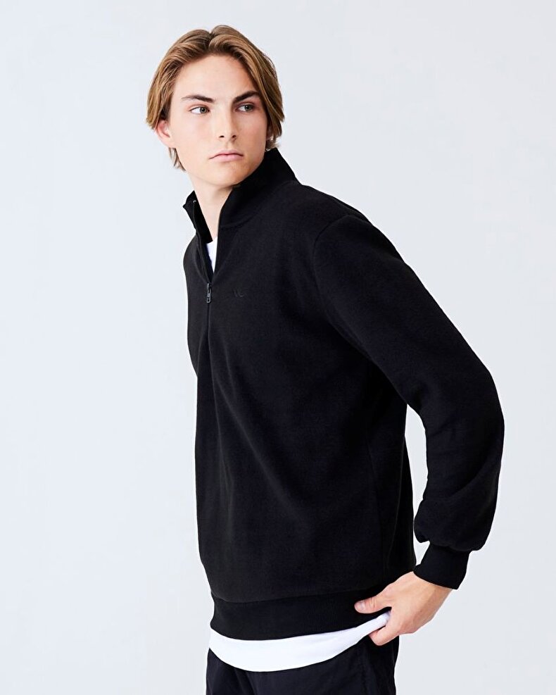 Düz Dik Yaka Yarım Fermuarlı Regular Fit Siyah Sweatshırt