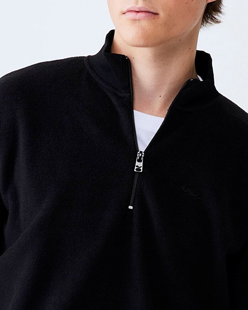 Düz Dik Yaka Yarım Fermuarlı Regular Fit Siyah Sweatshırt