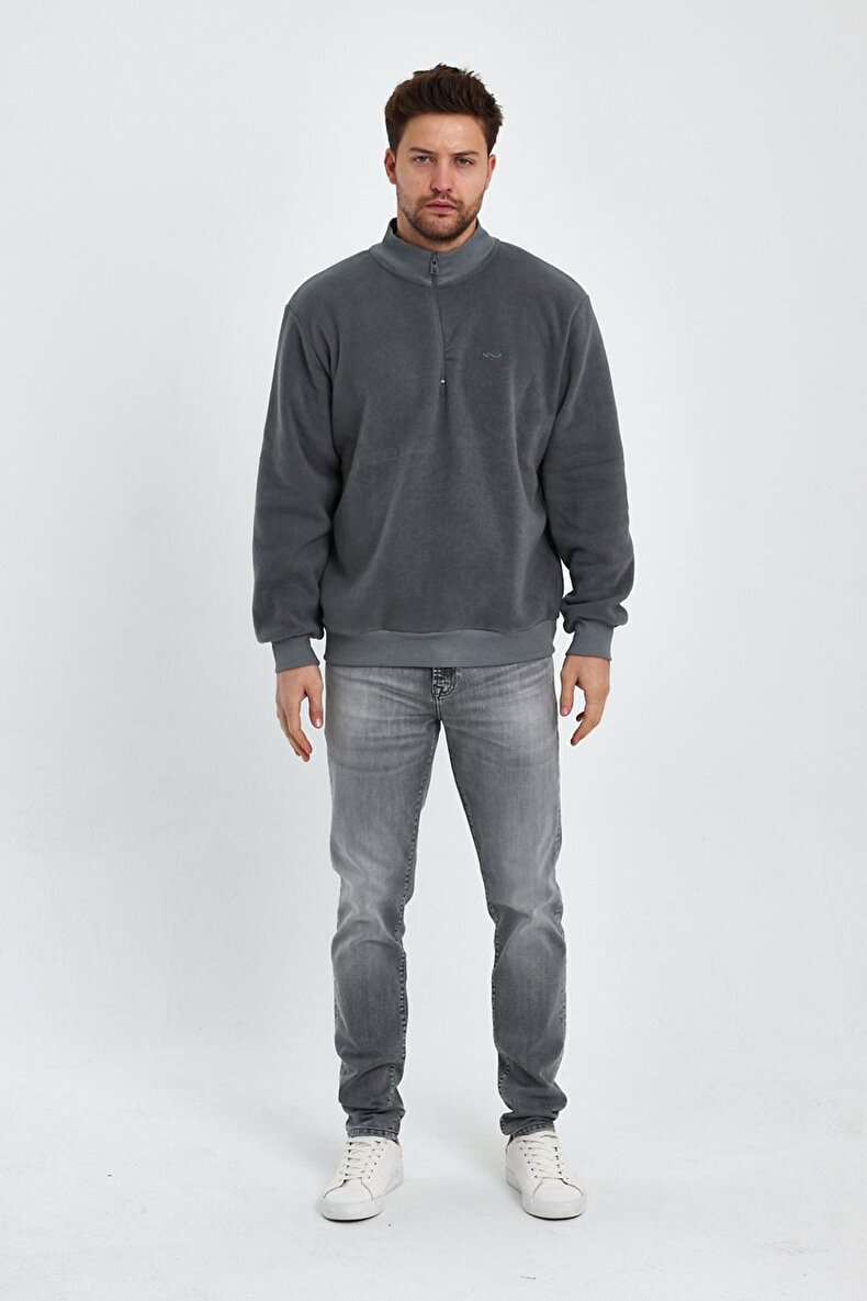 Düz Dik Yaka Yarım Fermuarlı Regular Fit Gri Sweatshırt