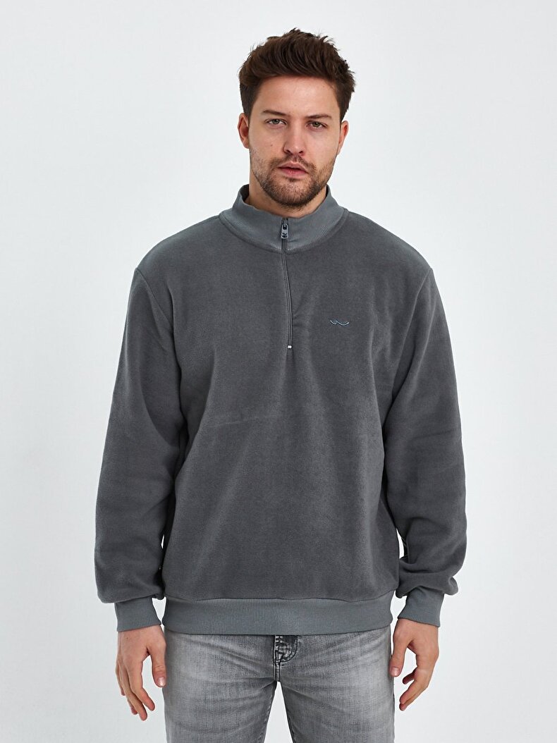 Düz Dik Yaka Yarım Fermuarlı Regular Fit Gri Sweatshırt