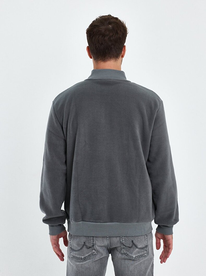 Düz Dik Yaka Yarım Fermuarlı Regular Fit Gri Sweatshırt