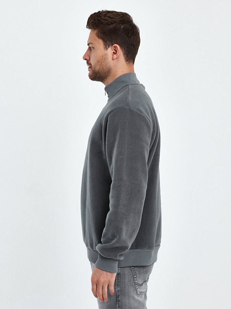 Düz Dik Yaka Yarım Fermuarlı Regular Fit Gri Sweatshırt