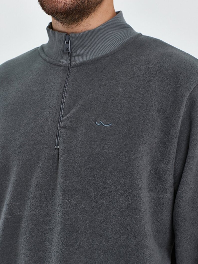 Düz Dik Yaka Yarım Fermuarlı Regular Fit Gri Sweatshırt