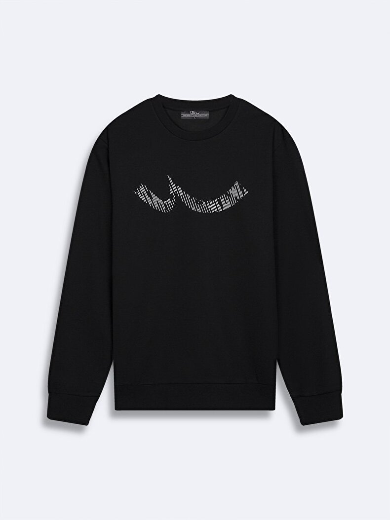 Sloganlı Sıfır Yaka Uzun Kollu Regular Fit Siyah Sweatshırt
