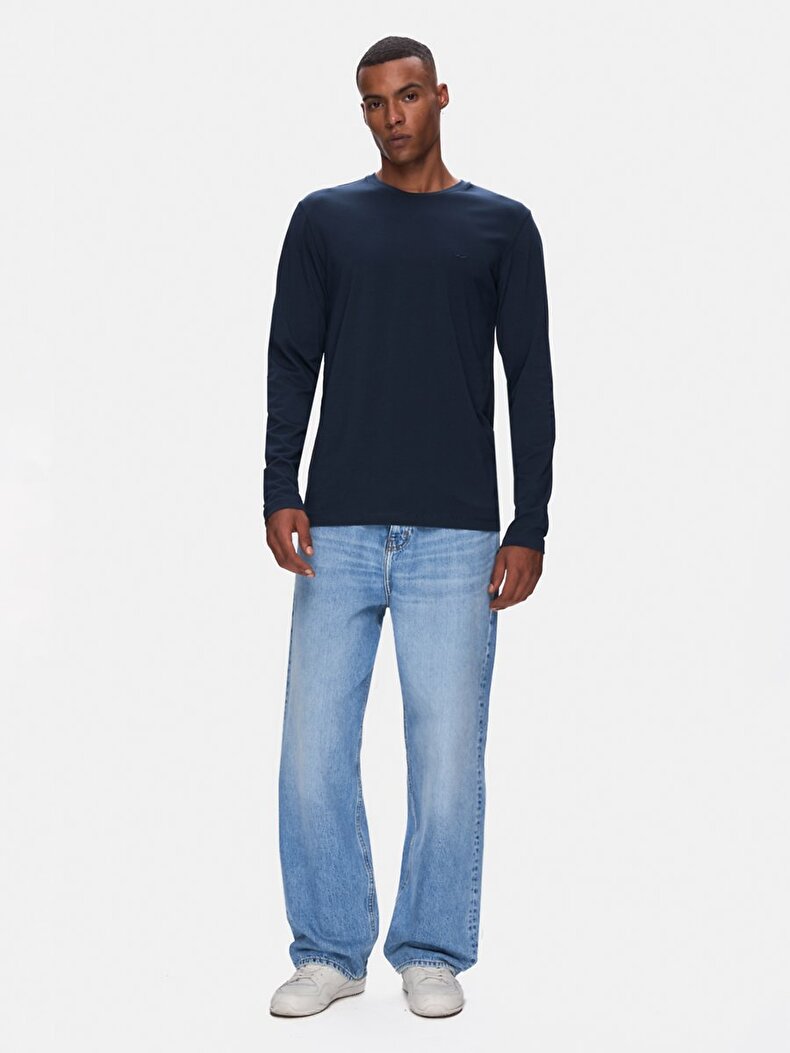 Print Crew Neck Long Sleeve Regular Fit Navy T-shirt