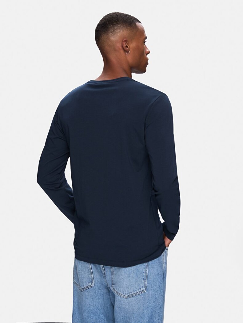 Print Crew Neck Long Sleeve Regular Fit Navy T-shirt