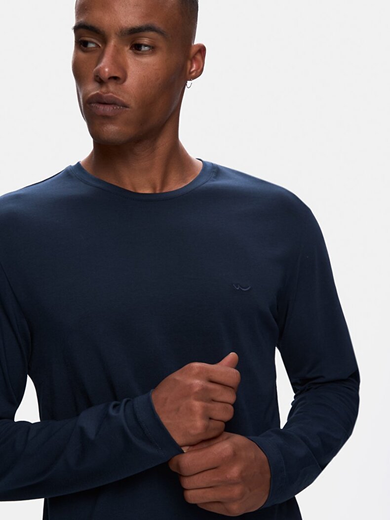 Print Crew Neck Long Sleeve Regular Fit Navy T-shirt