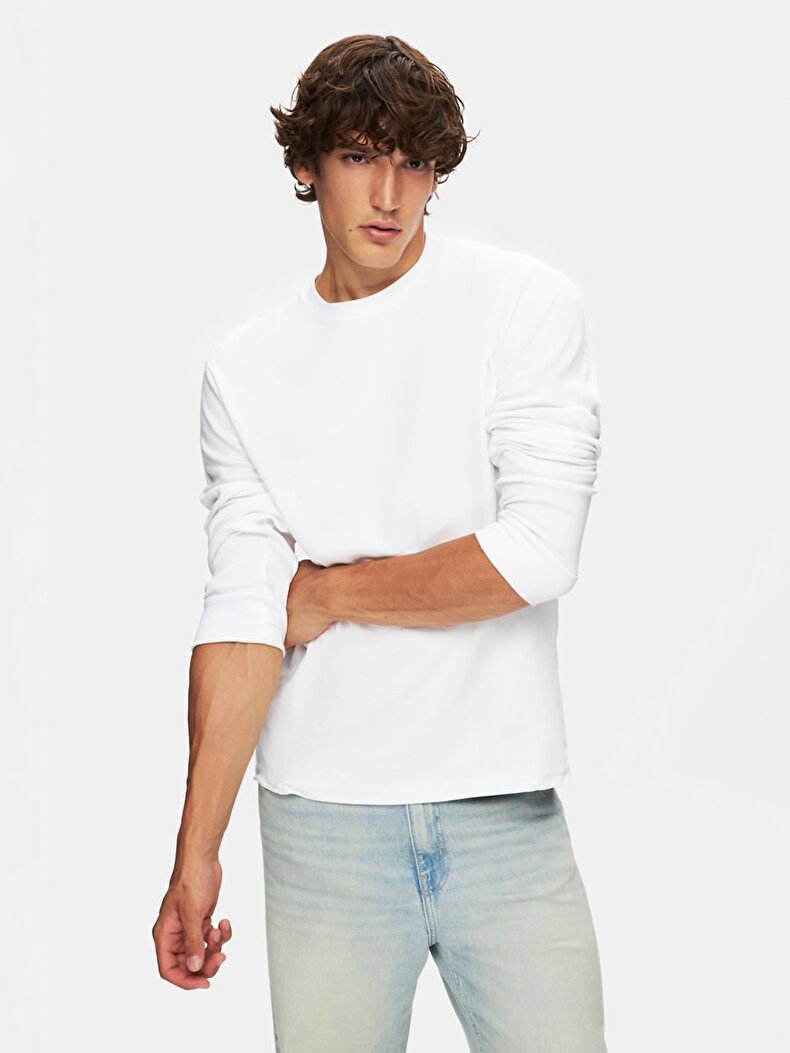 Print Crew Neck Long Sleeve Regular Fit White T-shirt