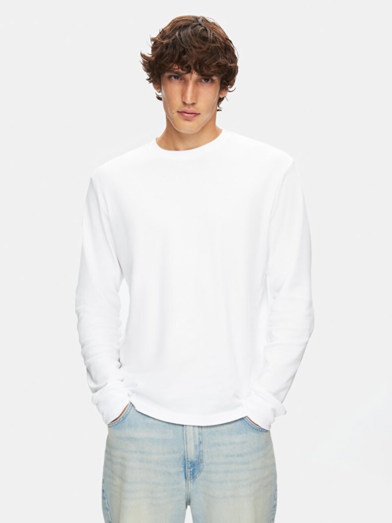 Print Crew Neck Long Sleeve Regular Fit White T-shirt
