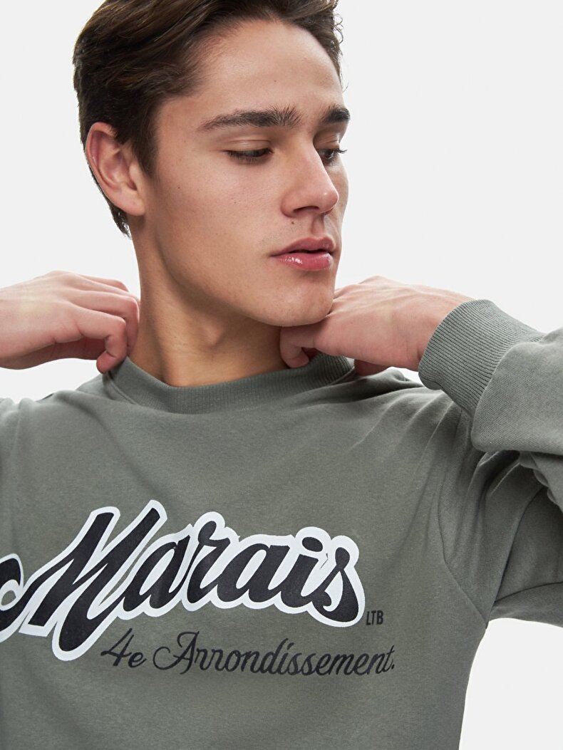 Sloganlı Sıfır Yaka Uzun Kollu Regular Fit Gri Sweatshırt